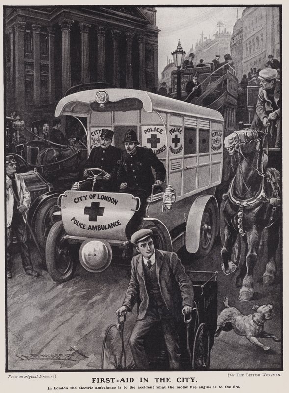 Ambulância eléctrica da Polícia da Cidade de Londres (litho) de English School