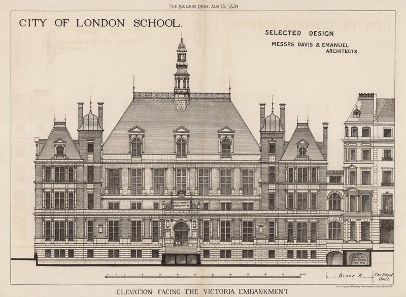 Escola da Cidade de Londres; elevação em frente ao aterro de Victoria de English School