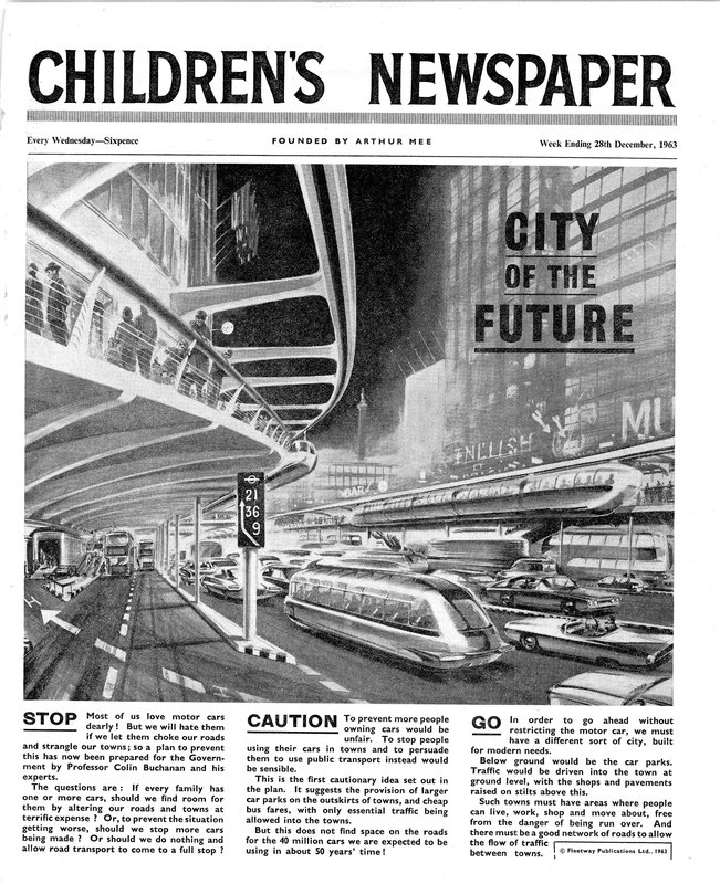 Cidade do Futuro, primeira página de &39;The Children&39;s Newspaper, fevereiro de 1963 (papel de jornal) de English School