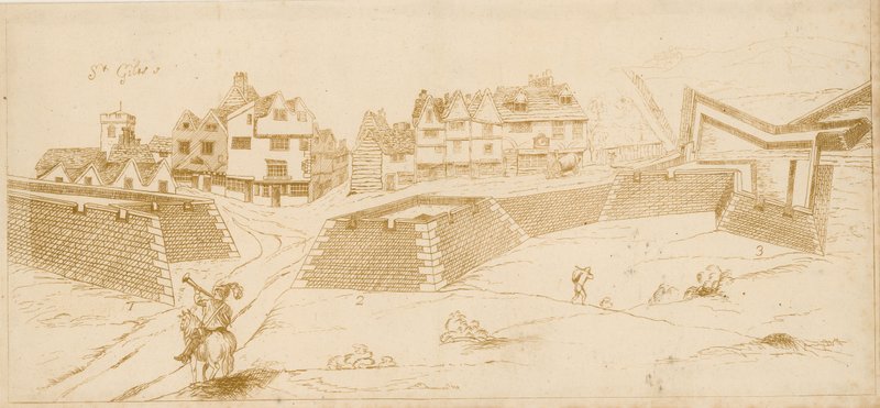 Fortificações da guerra civil em St Giles nos campos, Londres; um fac-símile gravado de um desenho supostamente feito pelo capitão John Eyre de English School