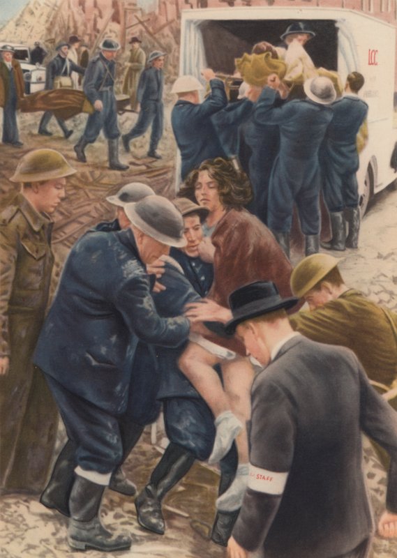 Brigadas de salvamento da proteção civil recuperam vítimas de um ataque aéreo dos escombros das suas casas durante o Blitz, Segunda Guerra Mundial de English School