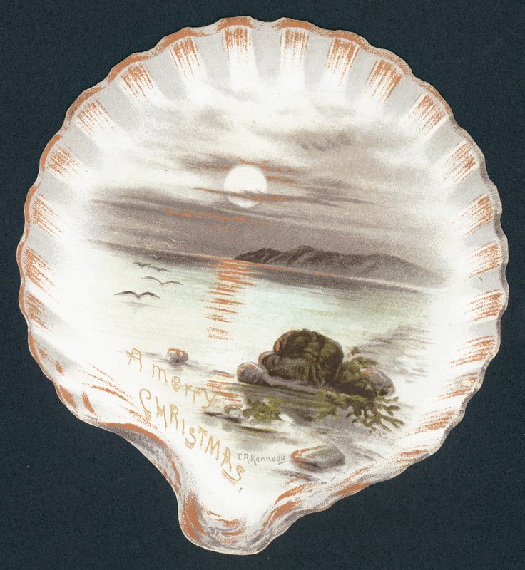 Clam Shell com imagem do oceano, cartão de Natal de English School