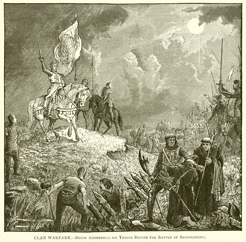 Clan Warfare .-- Bruce se dirigindo a suas tropas antes da Batalha de Bannockburn de English School