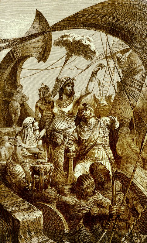 Cleópatra na Batalha de Actium, ilustração da História Ilustrada do Mundo, publicada em 1880 (imagem digitalmente aprimorada) Cleópatra VII (69-30 aC), último faraó do Antigo Egito; Batalha o de English School