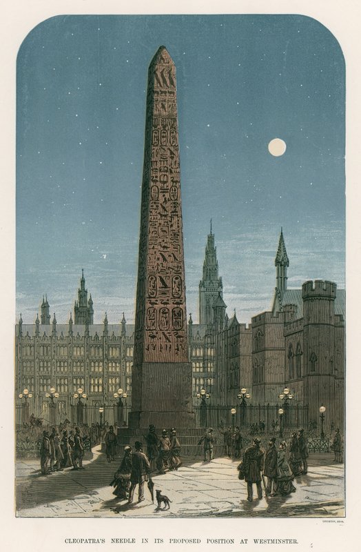 Cleopatras Needle na sua posição proposta em Westminster de English School
