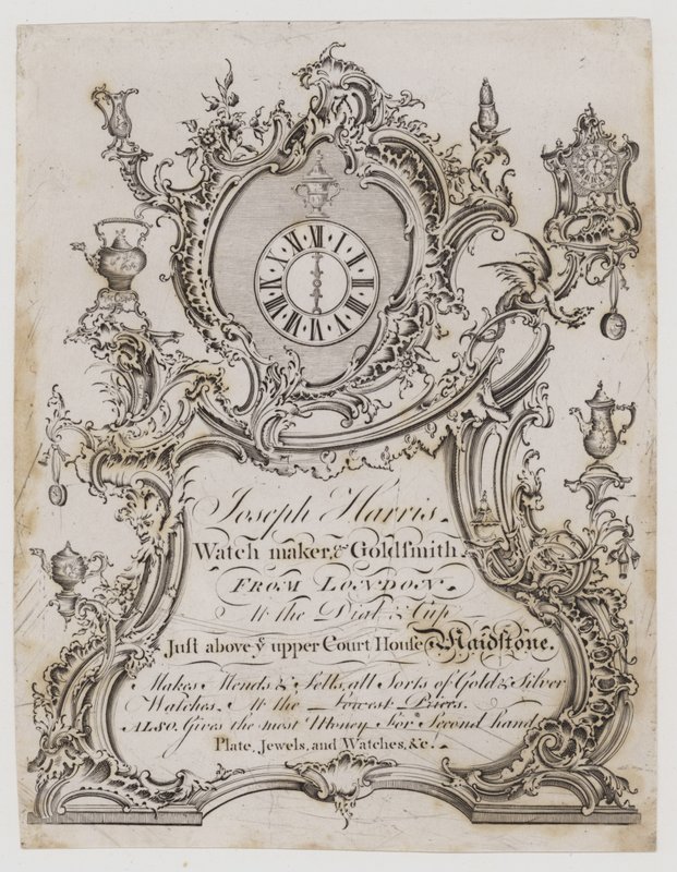 Relógio e Makers Watch, Joseph Harris, cartão de comércio de English School