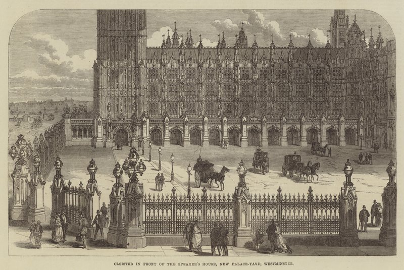 Claustro em frente à Casa do Orador, New Palace-Yard, Westminster (gravura) de English School