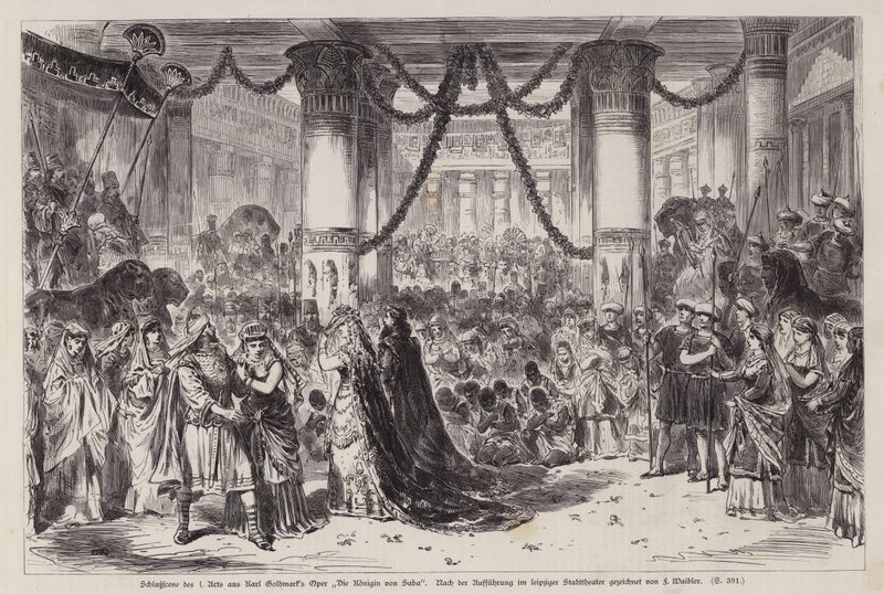 Encerramento do Acto I da ópera Die Konigin von Saba (A Rainha de Sabá) de Karl Goldmark, representada no Stadttheater de Leipziger, Alemanha (gravura) de English School