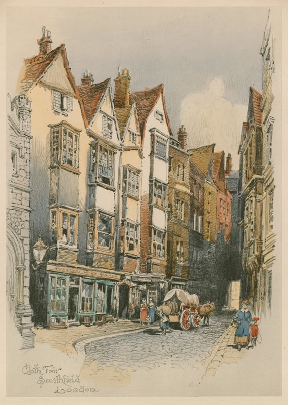 Cloth Fair, Smithfield, Londres, esboço em aquarela (wc no papel) de English School
