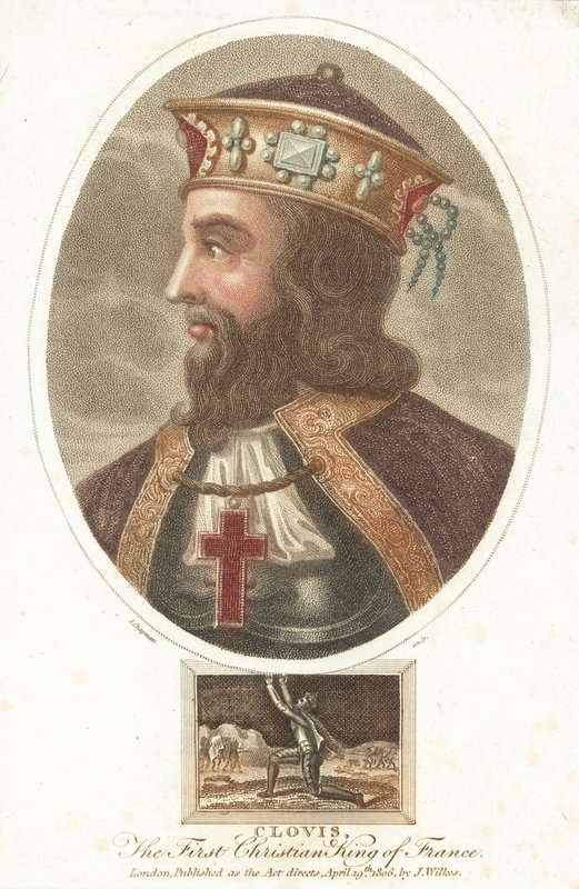 Clóvis I, primeiro rei cristão dos francos (gravura colorida) de English School