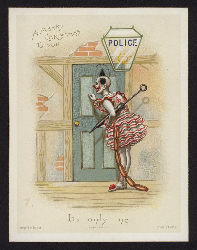 Palhaço batendo na porta de uma delegacia de polícia (chromolitho) de English School