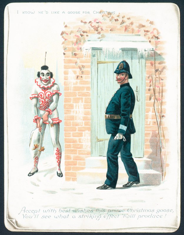 Palhaço, esperando, para, policial, com, ganso, cartão natal de English School