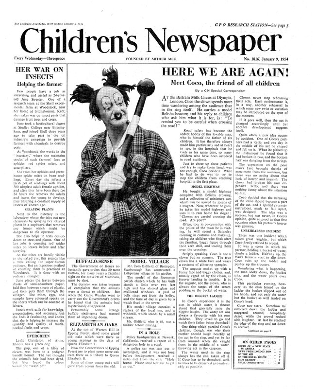 Coco the Clown, primeira página do &39;The Children&39;s Newspaper&39;, janeiro de 1954 (papel de jornal) de English School