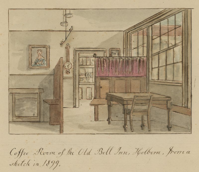 Sala de café do Old Bell Inn, Holborn, Londres, de um esboço em 1899 (wc no papel) de English School