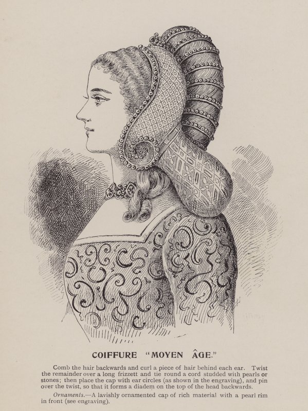 Penteado "Idade Média" (gravura) de English School