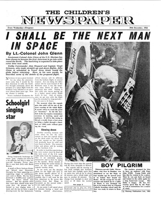 Coronel John Glenn, primeira página de &39;The Children&39;s Newspaper&39;, 1961 (papel de jornal) de English School