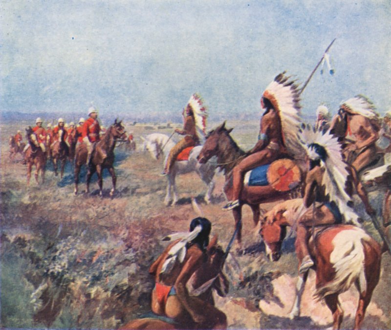 O Coronel Macleod, da Real Polícia Montada do Noroeste, a tratar com índios em Fort Macleod (litografia a cores) de English School