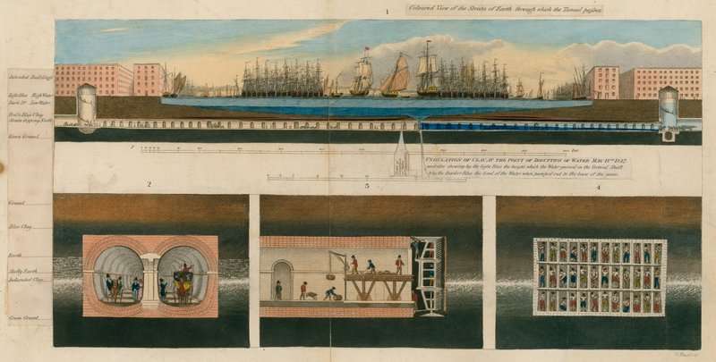 Visão colorida dos estratos de terra através dos quais o túnel passa de English School