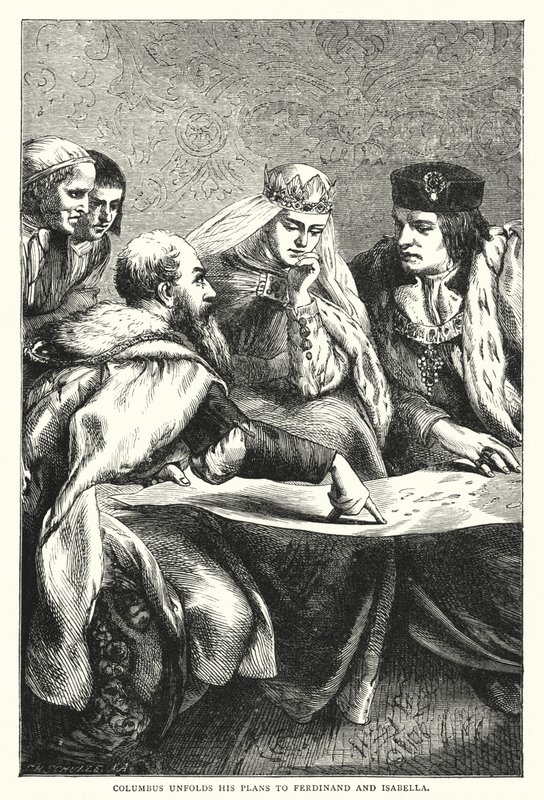 Colombo desdobra seus planos para Ferdinand e Isabella (gravura colorida) de English School