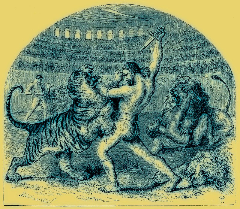 Combate de gladiadores com animais selvagens, ilustração da história ilustrada do mundo, publicado c.1880 (imagem digital reforçada) de English School