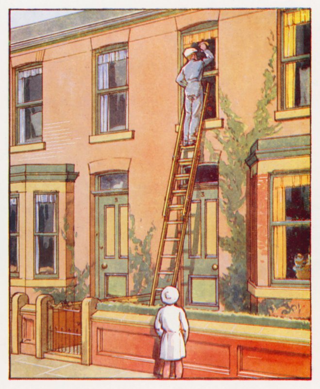 Comandos: Limpar as janelas do andar de cima (litografia a cores) de English School