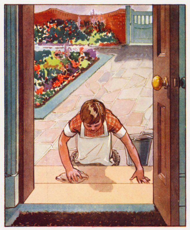 Comandos: Lavar os degraus da porta (litografia a cores) de English School