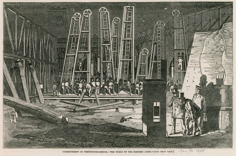 Início da Ponte de Westminster, as obras de luz elétrica de English School