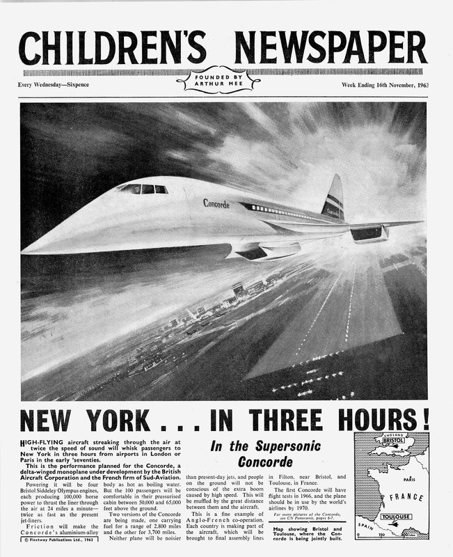 Concorde, primeira página de &39;The Children&39;s Newspaper&39;, novembro de 1963 (papel de jornal) de English School
