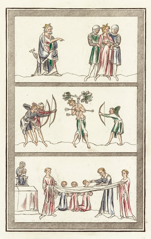 Condenação de Edmundo, Morte do Rei Edmundo, Sacramento da Ceia do Senhor (gravura colorida) de English School