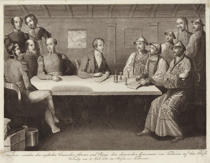 Conferência em Chusan entre o Comodoro Bremer e um oficial chinês no HMS Wellesley 4 de julho de 1841 de English School