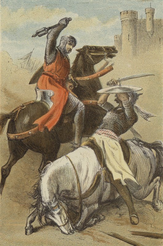 Conflito entre Godfrey de Bouillon e o Sarraceno, em Antioch (gravura colorida) de English School