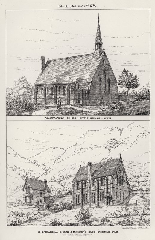 Igreja Congregacional, Little Hadham, Herts; Igreja Congregacional e Casa do Ministro, Nantmawr, Salop (gravura) de English School