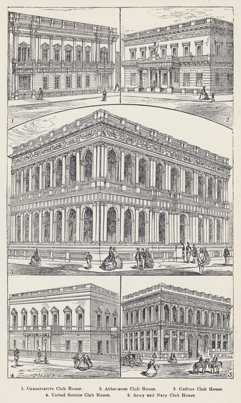 Conservative Club House, Athenaeum Club House, Carlton Club House, United Service Club House, Army and Navy Club House (gravura) de English School