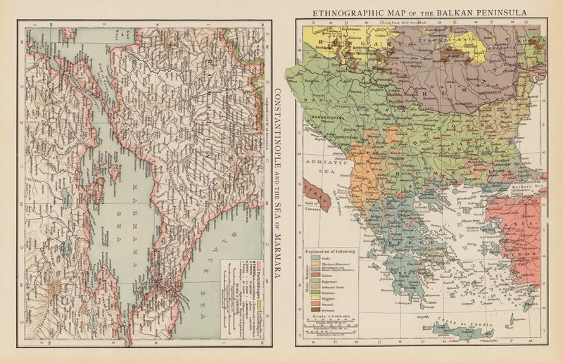 Constantinopla e o Mar de Mármara; Mapa etnográfico da Península dos Balcãs (litografia a cores) de English School