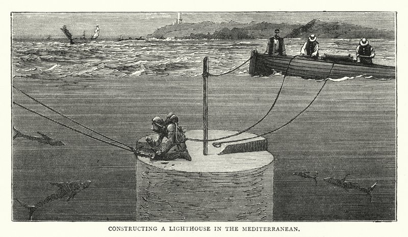 Construção de um Farol no Mediterrâneo (gravura colorida) de English School