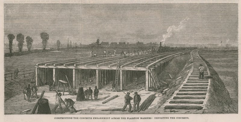 Construindo o aterro de concreto através dos pântanos de Plaistow de English School