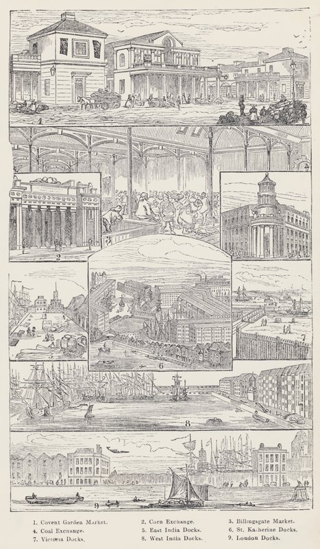 Convent Garden Market, Corn Exchange, Billingsgate Market, Coal Exchange, East India Docks, St Katherine Docks, Victoria Docks, West India Docks, London Docks (gravura) de English School