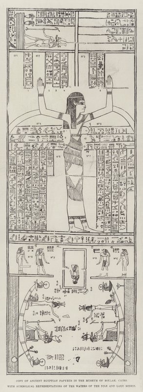 Cópia do Papiro do Antigo Egipto no Museu de Boulak, Cairo, com representações simbólicas das Águas do Nilo e do Lago Moeris (gravura) de English School