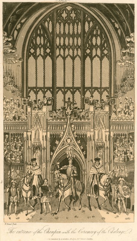 Banquete de coroação do rei George IV em Westminster Hall, 17 de julho de 1821; A entrada do Campeão com a Cerimônia do Desafio de English School