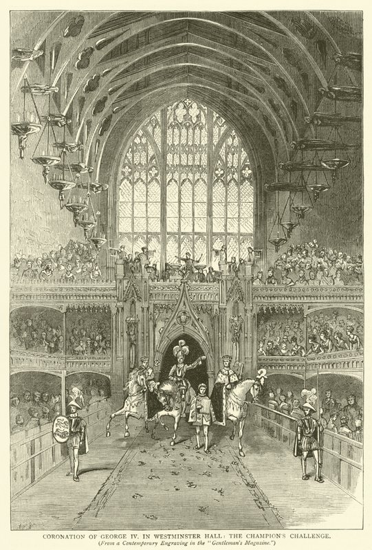 Coroação de George IV em Westminster Hall, o Desafio do Campeão, a partir de uma gravura contemporânea na "Gentleman