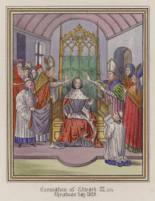 Coroação do Rei Eduardo III no dia de Natal 1326 (gravura a cores) de English School