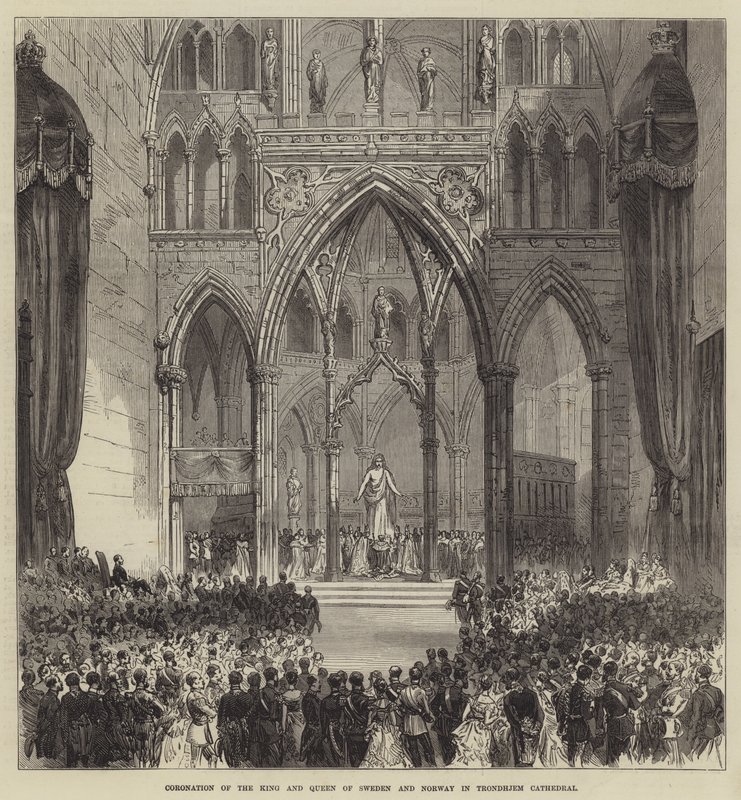 Coroação do Rei e Rainha da Suécia e Noruega na Catedral de Trondhjem (gravura) de English School