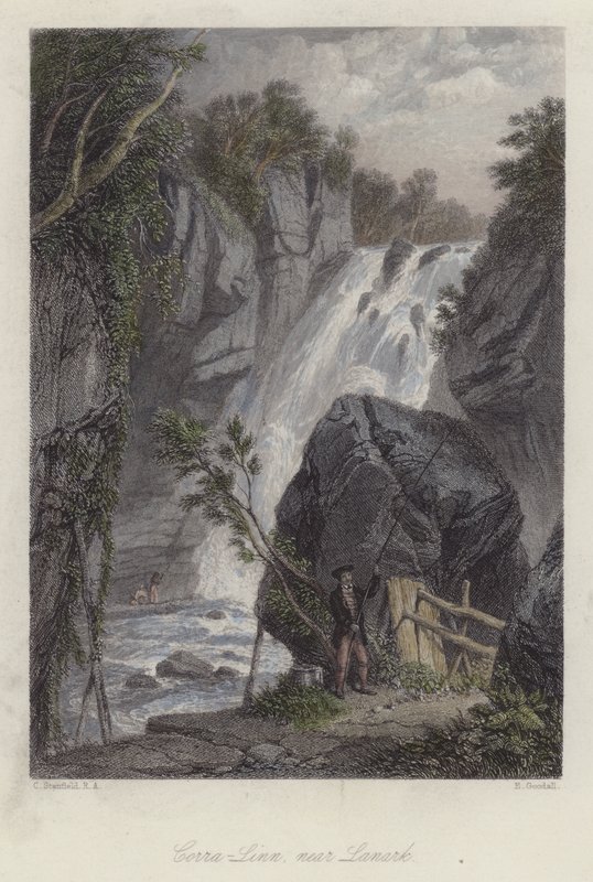 Corra Linn, perto de Lanark, Escócia (gravura colorida) de English School
