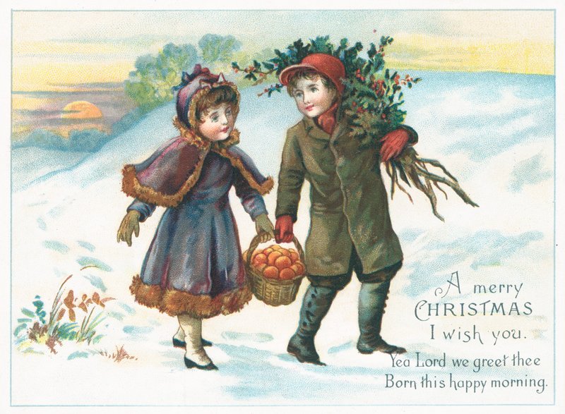Casal carregando cesta de frutas e azevinho, cartão de Natal de English School