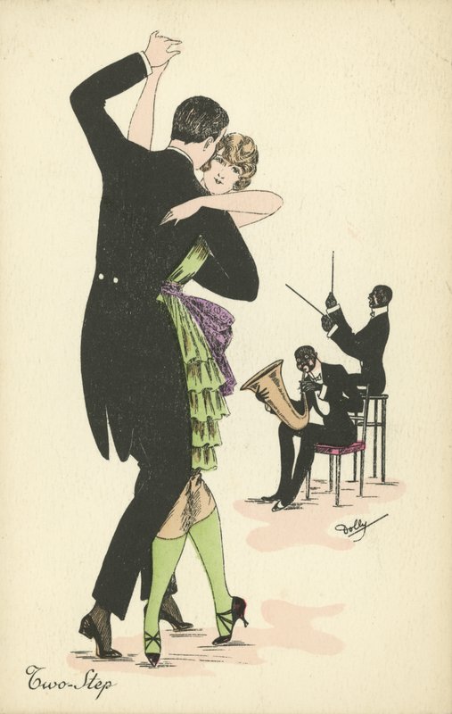 Casal dançando o Two Step (cor litho) de English School