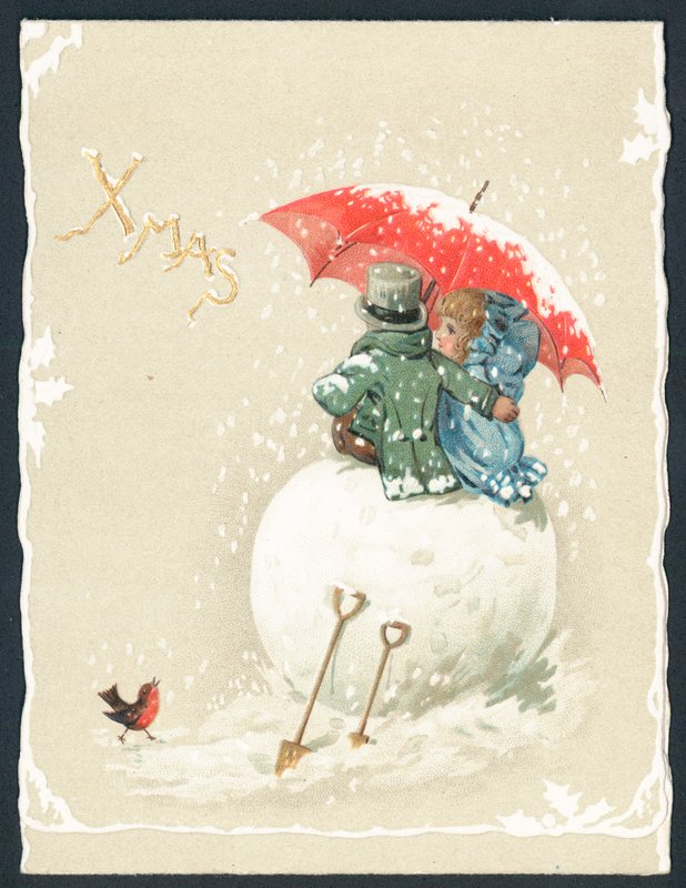 Par, sentando, gigante, snowball, natal, cartão de English School
