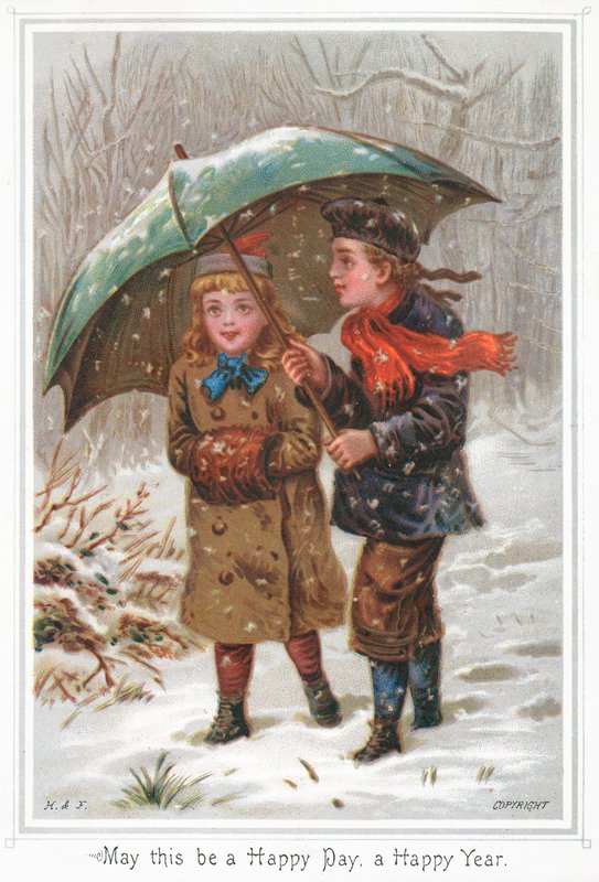 Casal passeando na neve, cartão de Natal de English School