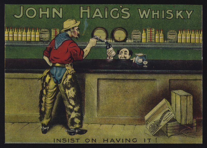 Cowboy em um salão, propaganda do uísque John Haig de English School