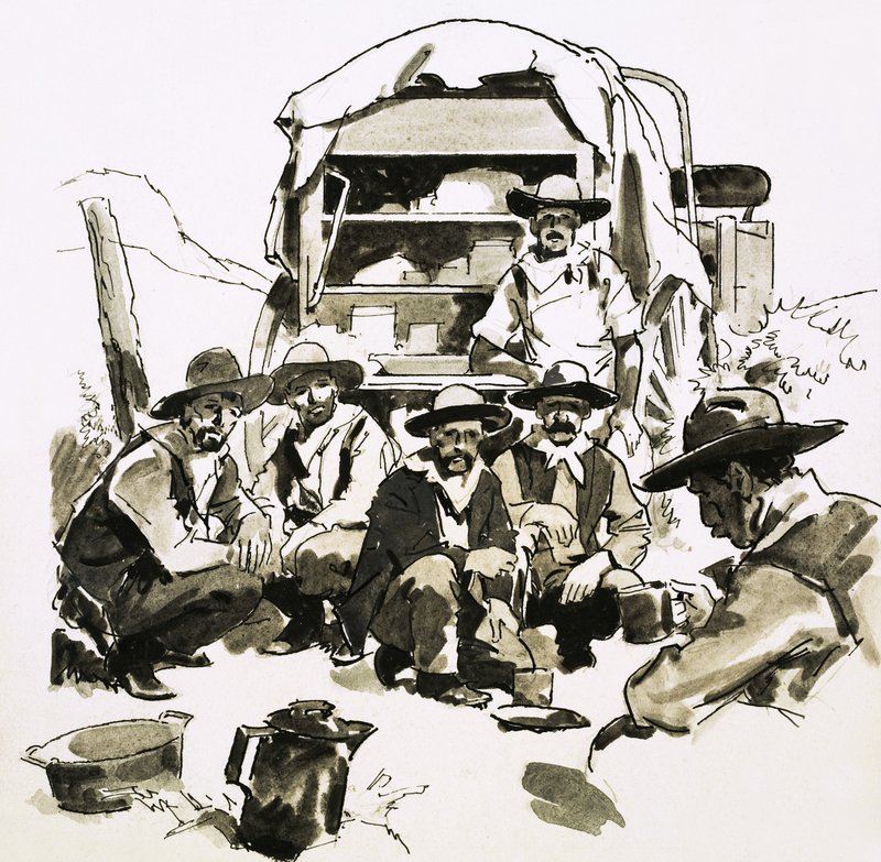 Cowboys reunidos em torno de um vagão de chuck de English School