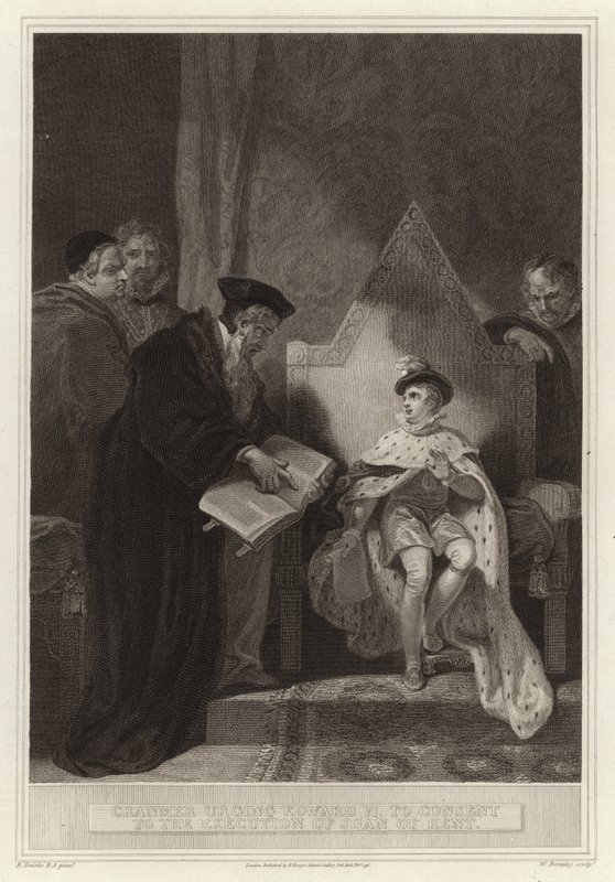 Cranmer instando Edward VI a consentir com a execução de Joan of Kent de English School